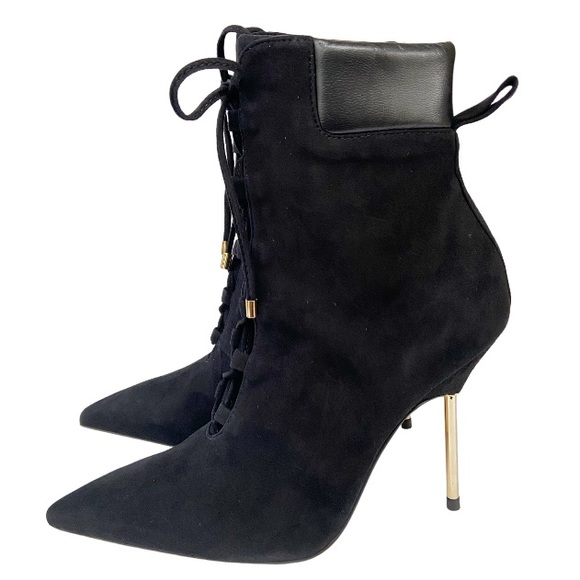 Good American Women's Scandal Lace Up High Heel Suede Booties in BLACK 6 New - Picture 3 of 14